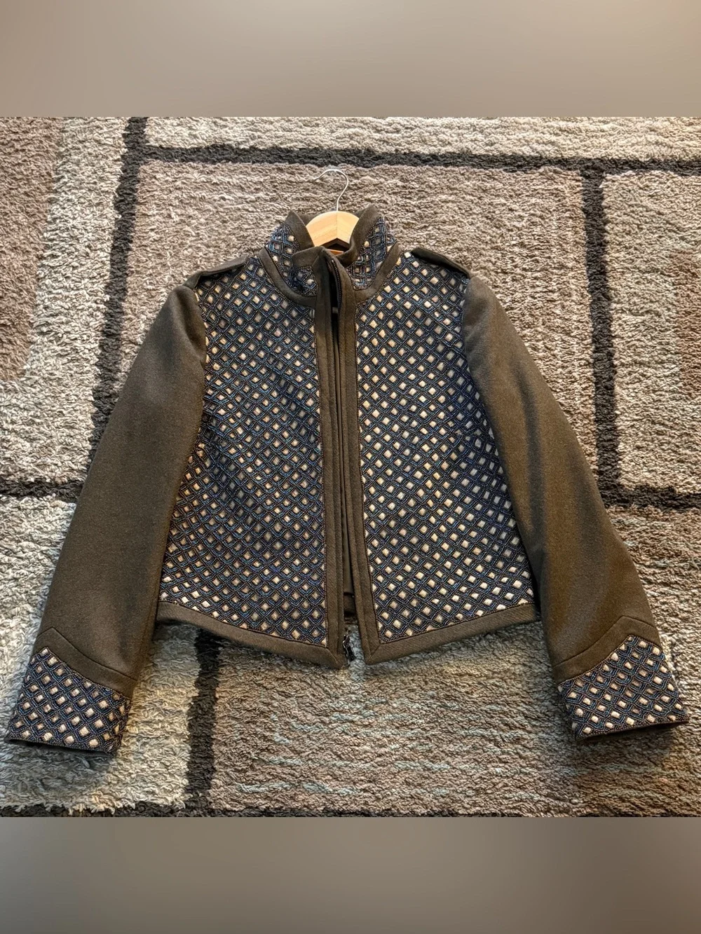 Tory Burch Olive Green Beaded Front Zip Military-Style Jacket